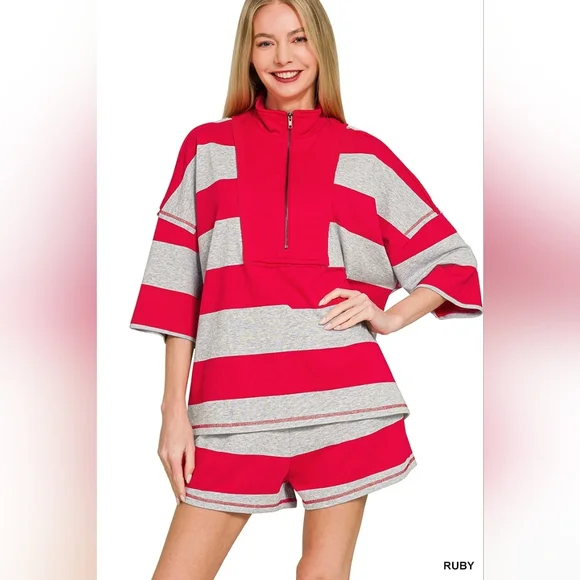 Zenana Frenchterry Striped Half Zip Top & Shorts Set - Picture 1 of 6